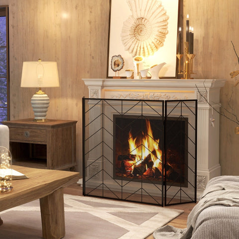 Rootz Fireplace Protection Grille - Fire Guard - Spark Protection Grid - Herringbone Pattern - Folding Panels - Powder-Coated Steel - 135cm x 1.2cm x 85cm