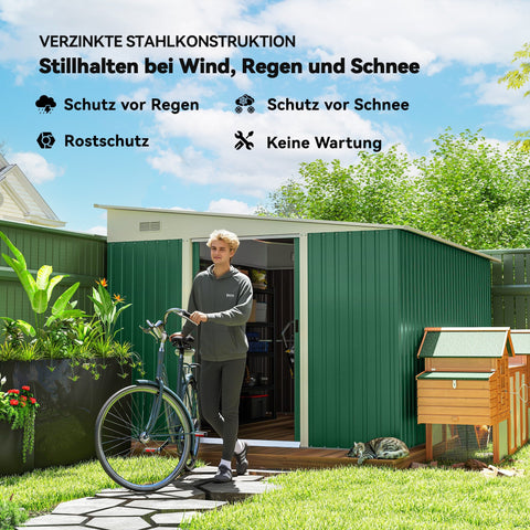 Rootz Metal Device Shed - Garden Storage - Equipment Shed - Lockable & Weatherproof - 280 x 345 x 201cm - Green