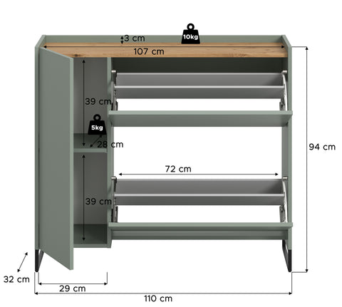 Rootz Shoe Cabinet - Footwear Storage - Shoe Organizer - Easy-care Surface - 97cm x 110cm x 32cm