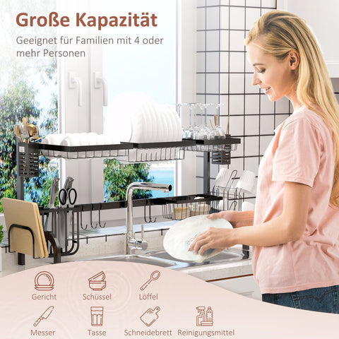 Rootz 2-Stage Drip Stand - Dish Drainer - Plate Rack - Maximizes Organization - Black Steel - 100cm x 30cm x 52.5cm