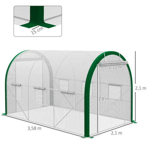 Rootz Greenhouse - Tunnel Greenhouse - Zipper Doors - Mesh Window - Metal Frame - White - 3.5 x 2 x 2m