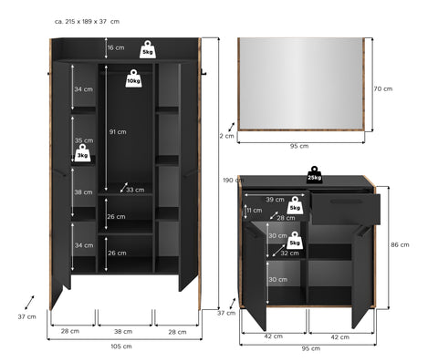 Rootz Wardrobe Set - Closet Ensemble - Storage Combo - Durable Black - 215cm x 189cm x 37cm