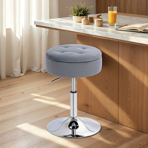 Rootz Bar Stool - Bistro Stool - Swivel Bar Chair - Adjustable Height, Velvet Cover, Hidden Storage, 39x39x49-65 cm, Grey, Ultimate Comfort
