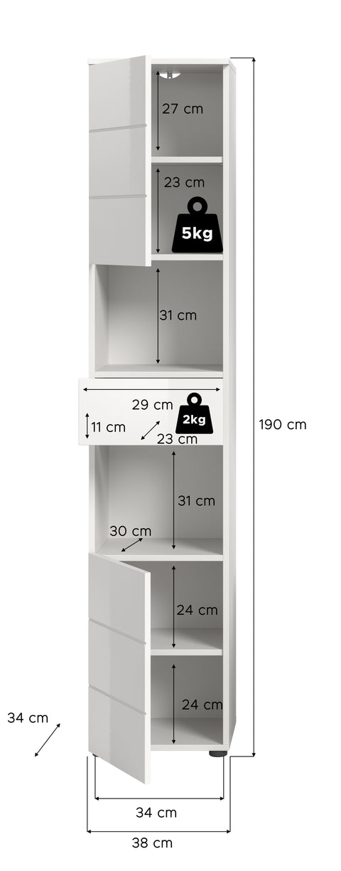 Rootz Tall Cabinet - Bathroom Storage Unit - High-Gloss White Cupboard - Maximum Storage - 38x190x34 cm