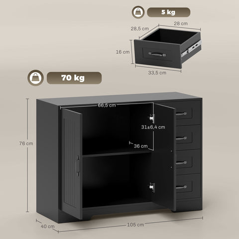 Rootz Black Sideboard - Modern Chest of Drawers - Storage Cabinet - Ample Storage - 105 x 40 x 76 cm