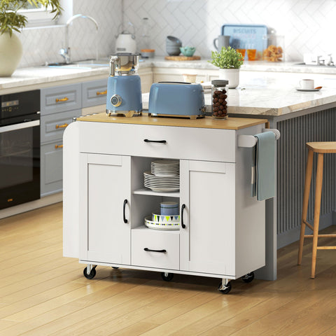 Rootz Rolling Kitchen Island - Mobile Cart - Fold-Out Work Surface - Storage Cabinet - Soft Close Doors - Spacious & Organized - White, 115x70x89 cm