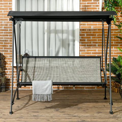 Rootz 3 Person Rocking Bench - Hollywood Swing - Swing Bench - Tilt Roof - Weatherproof - Steel Frame - Black + Brown - 190L x 133W x 177H cm