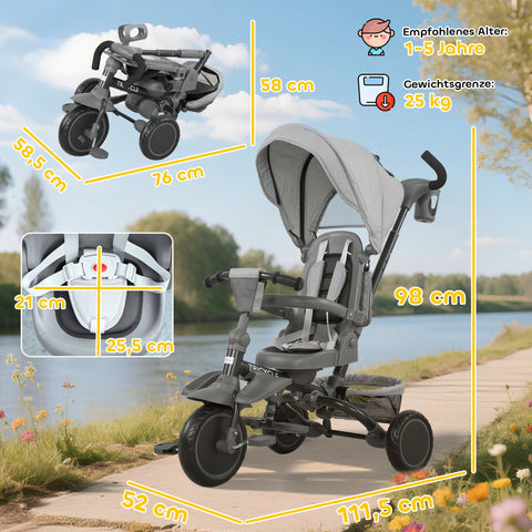 Rootz Children's Drei Bike - Toddler Buggy - 6-in-1 Stroller - Safety Net - Foldable Grey - 111.5cm x 52cm x 98cm