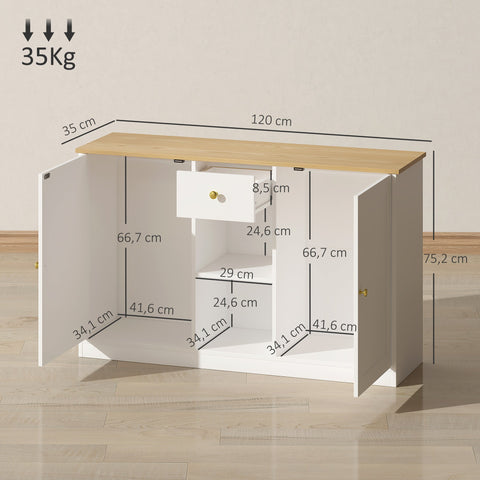 Rootz Kitchen Chest of Drawers - Sideboard Storage Unit - White Cabinet - Ample Storage - 120cm x 35cm x 75.2cm