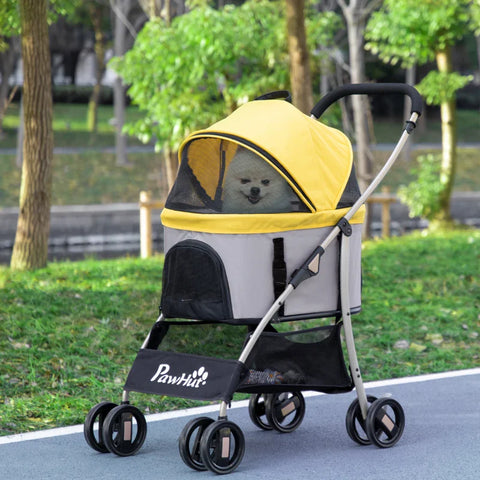 Rootz 2-in-1 Dog Buggy - Foldable Dog Trolley - 1 Basket - 1 Bag - Dog Pushchair - Universal Wheel Brake - Canopy - Yellow - 82cm x 49.5cm x 98cm
