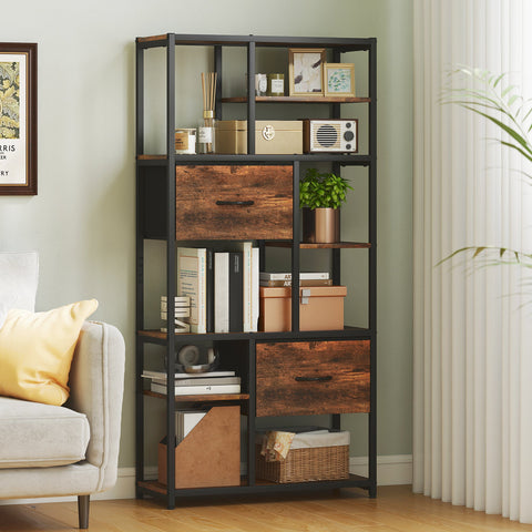 Rootz Storage Shelf - Bookcase - Freestanding Organizer - 2 Fabric Drawers, 9 Compartments, Sturdy Steel Frame, Rustic Brown+Black, 72.5x30x150 cm