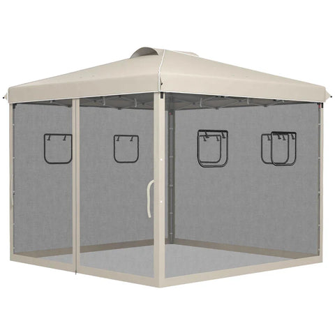 Rootz Folding Gazebo - Height Adjustable - Mesh Curtains - Ground Spikes - Carry Bag - Metal Frame - Steel - Oxford Polyester - Beige - 297L x 297W x 287H cm