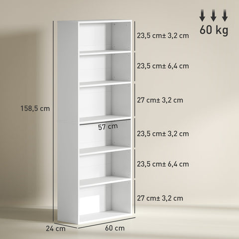 Rootz Bookshelf - Storage Unit - Shelving System - Adjustable Design - Chipboard Material - 60 x 24 x 158.5 cm - White Finish