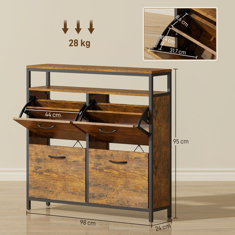 Rootz Shoe Cabinet with 4 Foldable Drawers - Shoe Organizer - Narrow Shoe Storage - Brown Steel - Fits 12-20 Pairs - 98cm x 95cm