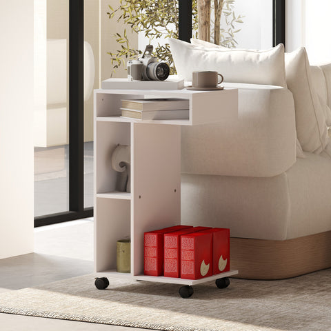 Rootz Side Table - C-Shaped Serving Car - Mobile Organizer - 4 Wheels - Efficient Storage - 40 x 30 x 69 cm, Robust Chipboard, White