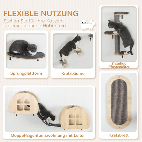 Rootz 7-Part Cat Climbing Wall Set - Cat Wall Stairs - Cat Scratch Tree - Space-Saving Design - 171cm x 36.5cm x 43cm - Grey and Brown