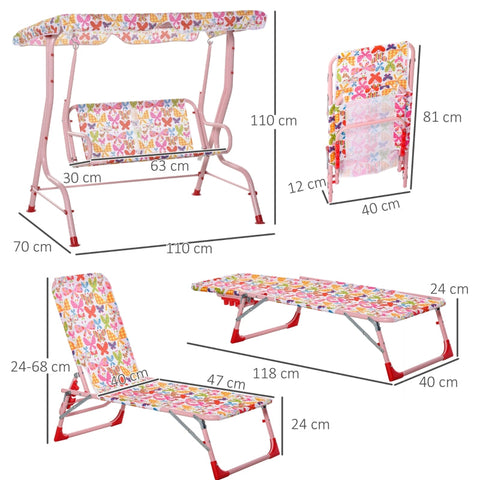 Rootz Children's Garden Furniture Set - Kids Porch Swing - Child Sun Lounger - Solid Metal Frame - Adjustable Canopy - Child-Friendly Design - 110L x 70W x 110H cm