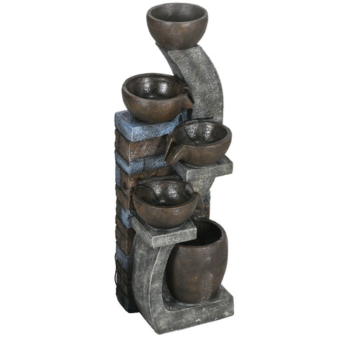 Rootz Garden Fountain - Brick Look - 5-Tier Cascade - Solar Powered - LED Lights - 107cm - Weatherproof Resin - Grey/Brown