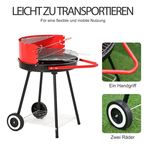 Rootz Houtskoolgrill - Ronde Grill - Staande Grill op Wielen - Verstelbaar Grillrooster - Stevige Metalen Constructie - Mobiel Ontwerp - L51 x B70 x H75,5 cm