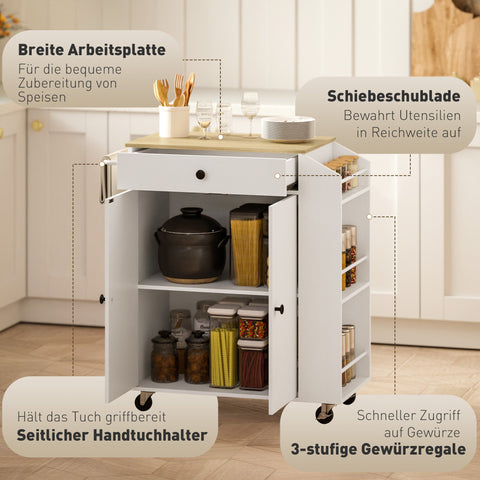 Rootz Kitchen Cart with Drawer - Mobile Storage - Versatile Trolley - Adjustable Shelves - 82 x 38 x 86.5 cm - White and Brown