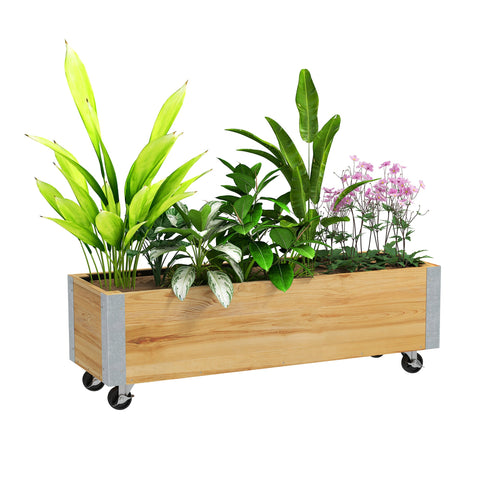 Rootz Rectangular Planter on Rolls - Plant Container - Rolling Planter - Optimal Drainage - 96 x 30.6 x 30 cm Natural Wood
