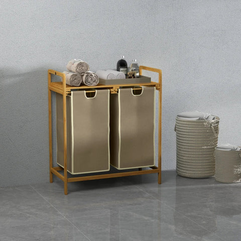 Rootz Laundry Basket - With 2 Laundry Bags - 1 Shelf - Bamboo - Drying Rack - Non-woven Fabric - Light Gray + Natural - 63.5 cm x 33 cm x 73 cm