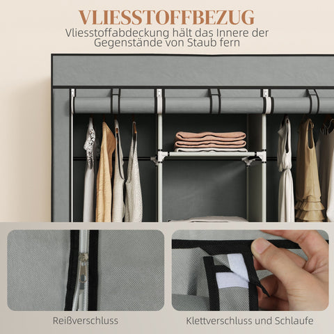 Rootz Fabric Wardrobe - Folding Cabinet - Space-saving Storage - Keeps Clothes Dust-Free - Grey - 125cm x 43cm x 162.5cm