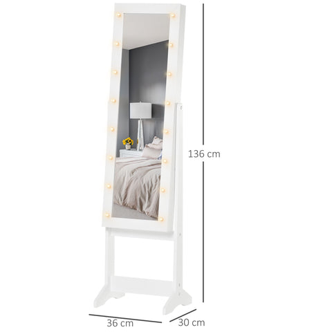 Rootz LED Jewelry Cabinet with Mirror - Stand Mirror - Adjustable Mirror - Warm LED Lighting - 136cm x 36cm x 30cm