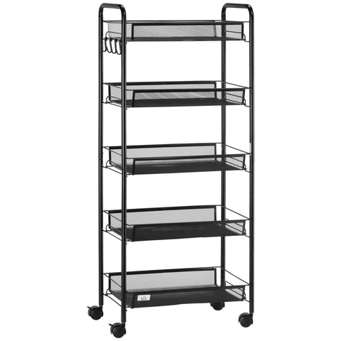 Rootz Service Trolley - Kitchen Cart - Rolling Utility Cart - 5-Tier Storage Rack - Space-saving - Steel & Plastic - 45cm x 26.5cm x 106cm
