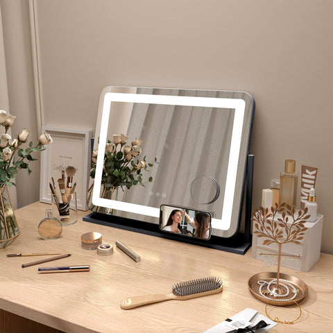 Rootz Rotatable Black LED Make-up Mirror - Vanity Mirror - Cosmetic Mirror - USB Connection - 3 Light Modes - 62.5x14x52 cm