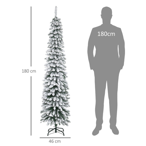 Rootz Artificial Snowy Christmas Tree - Slim Xmas Tree - Fireproof Pine - Realistic Look, Space-Saving, 180cm, Green/White, 46x46x180cm