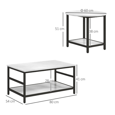 Rootz Marble Look Coffee Tables Set - Side Tables - Living Room Furniture - Steel Frame - 80cm x 54cm x 41cm, 60cm x 60cm x 51cm