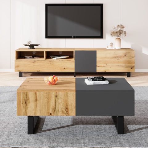 Rootz Modern Coffee Table - Living Room Table - Office Desk - Hidden Storage Compartments - 155L x 55W x 22H cm