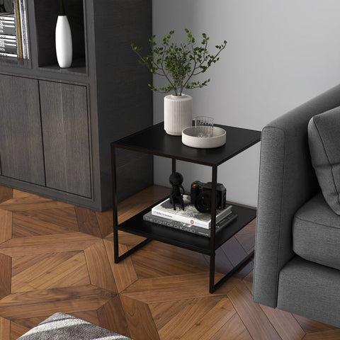 Rootz Industrial Design Side Table - Coffee Table - Bedside Table - 2 Levels of Storage - Sturdy Steel Frame - 40cm x 40cm x 45cm