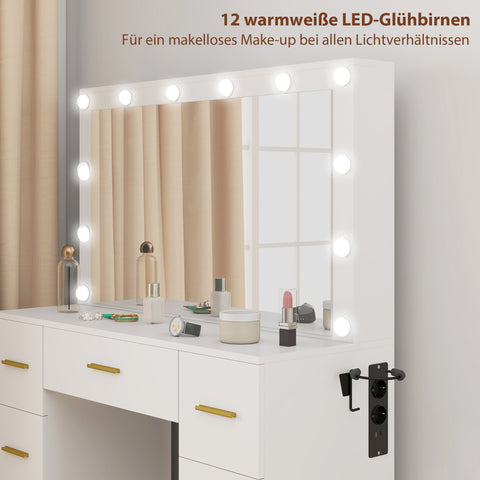 Rootz Dressing Table with Mirror - Vanity Table - Makeup Desk - 12 LED Lights - White Chipboard - 7 Drawers - 100cm x 40cm x 137cm