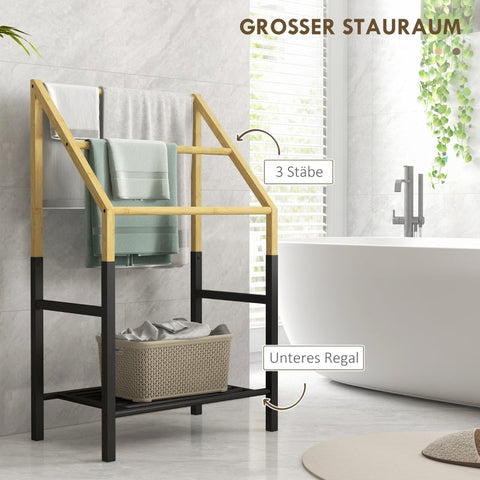 Rootz Bamboo Towel Holder - Freestanding Towel Stand - 3-Bar Design - Storage Shelf - Natural Wood - 51cm x 31cm x 85.5cm