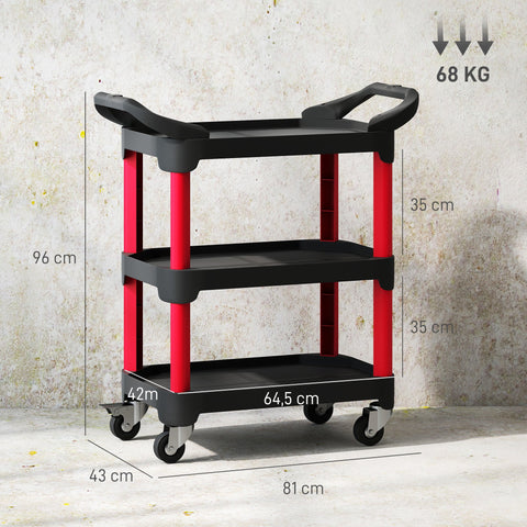 Rootz Black 3-Level Tool Cart - Utility Trolley - Rolling Workbench - Easy Mobility - 81cm x 43cm x 96cm