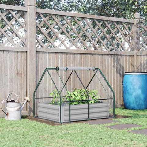 Rootz Raised Garden Bed with Greenhouse - Steel Planter Box with Plastic Cover - Roll Up Window - Dual Use for Flowers - Vegetables - Fruits and Herbs - Gray - 127L x 95W x 92H cm
