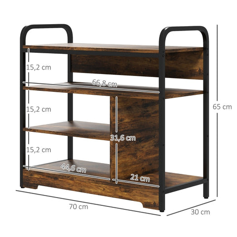 Rootz Industrial Shoe Rack - 4 Tier Shoe Stand - Wood Grain & Black Frame - Open Design - Holds 11 Pairs - Sturdy Steel Frame - 70cm x 30cm x 65cm