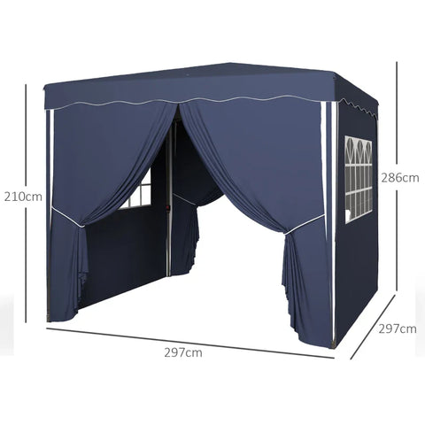 Rootz Folding Gazebo - Garden Gazebo - Height Adjustable - 2 Large Windows - Guy Rope - Carry Bag - Metal Frame - Steel - 100% Polyester - Blue - 297L x 297W x 286H cm