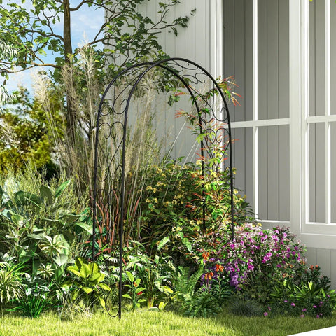 Rootz Garden Rose Arch - Vintage Design - Vier U-vormige grond - Gedecoreerde bloemen en ballonnen - Gepoedercoat staal - Zwart - 125L x 37W x 230H cm