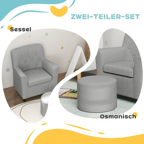 Rootz Children's Armchair Set - Kids Sofa - Matching Stool - Diamond Pattern Backrest - Cozy Seat - Wooden Frame - 45cm x 43cm x 50.5cm