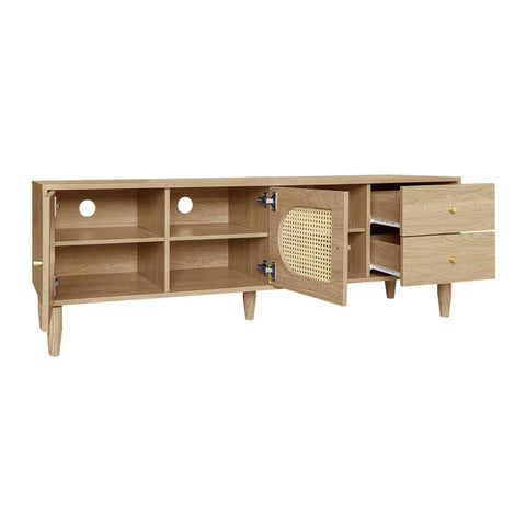 Rootz Oak Effect Rattan TV Cabinet - Entertainment Unit - Media Console - Adjustable Shelves - 150L x 40W x 50H cm