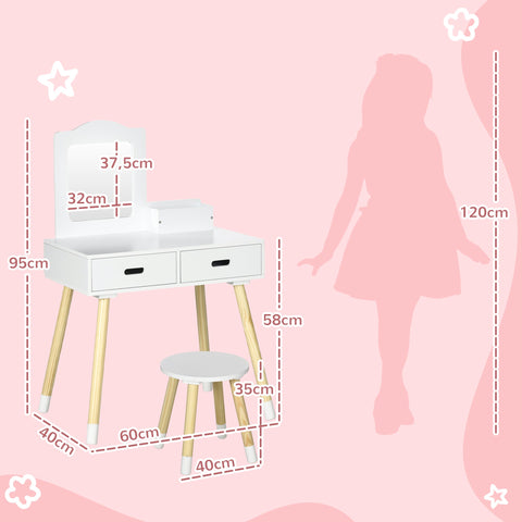 Rootz Children's Hairdresser Dressing Table Set - Vanity Table - Kids Hair Station - Storage Space - 60cm x 40cm x 95cm - White/Brown - Ages 3-6