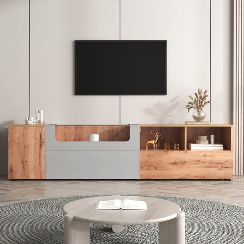 Rootz TV Cabinet - Entertainment Center - Media Stand - Ample Storage - 190cm x 40cm x 48cm - LED Lights - Glass Top - Rustic Modern Design