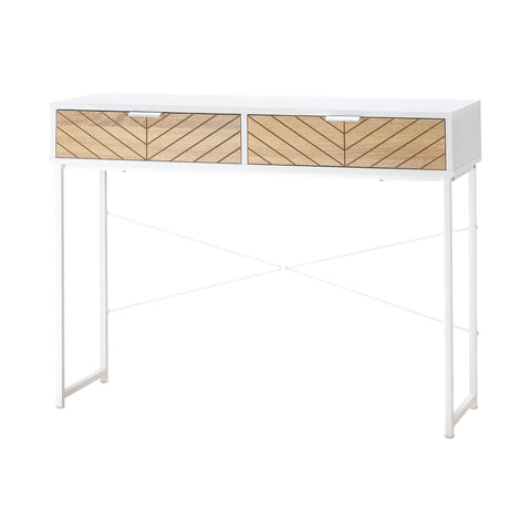 Rootz Console Table - Sofa Table - Entryway Table - Industrial Style - 2 Drawers - 100cm x 30cm x 75cm - Brown Chevron Metal Frame White