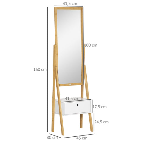 Rootz Freestanding Mirror with Drawer - Dressing Mirror - Storage Mirror - Bamboo MDF - 45L x 30W x 160H cm