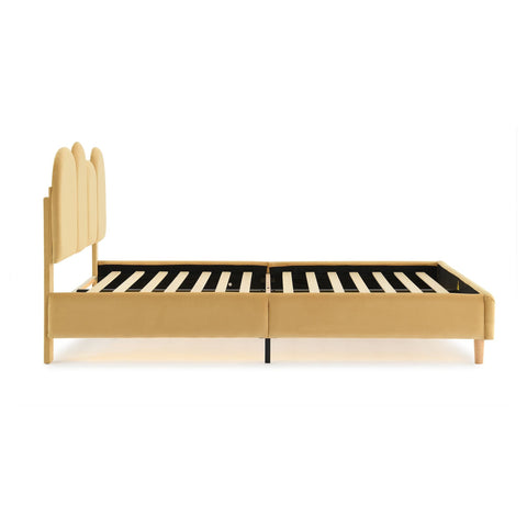 Rootz Upholstered Bed Frame - Velvet Platform Bed - LED Bed - Cozy Lighting - Fits 140x200 cm Mattress - 207x149x103 cm - Khaki