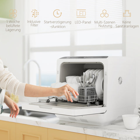 Rootz Table Dishwasher - Mini Dishwasher - Compact Dish Cleaner - LED Display - Hygienic Drying Function - White - 45cm x 45.8cm