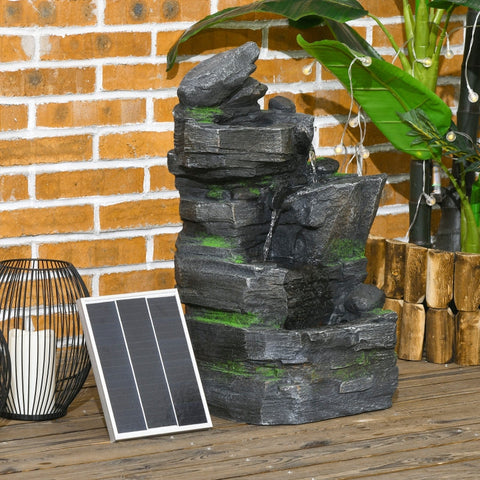 Rootz Garden Fountain - Stone Look - Water Feature - Solar Powered - LED Lights - 34cm x 28cm x 57cm - Resin - Grey/Brown